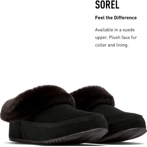Sorel Go Coffee Run Slippers Black Suede Leather Fur Slip On Shoes NWT - Picture 6 of 16